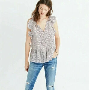 Madewell Silk Lily Ruffle Top in Echo Grid Purple Boho Tassel. Small.